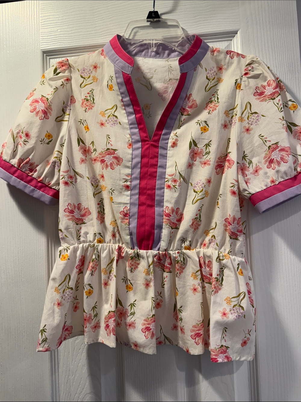 Women’s Floral Peplum Blouse with Pink Trim